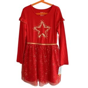 🆕 Cat & Jack Red Gold Stars Tulle Skirt Holiday Dress Christmas Valentines 10/12